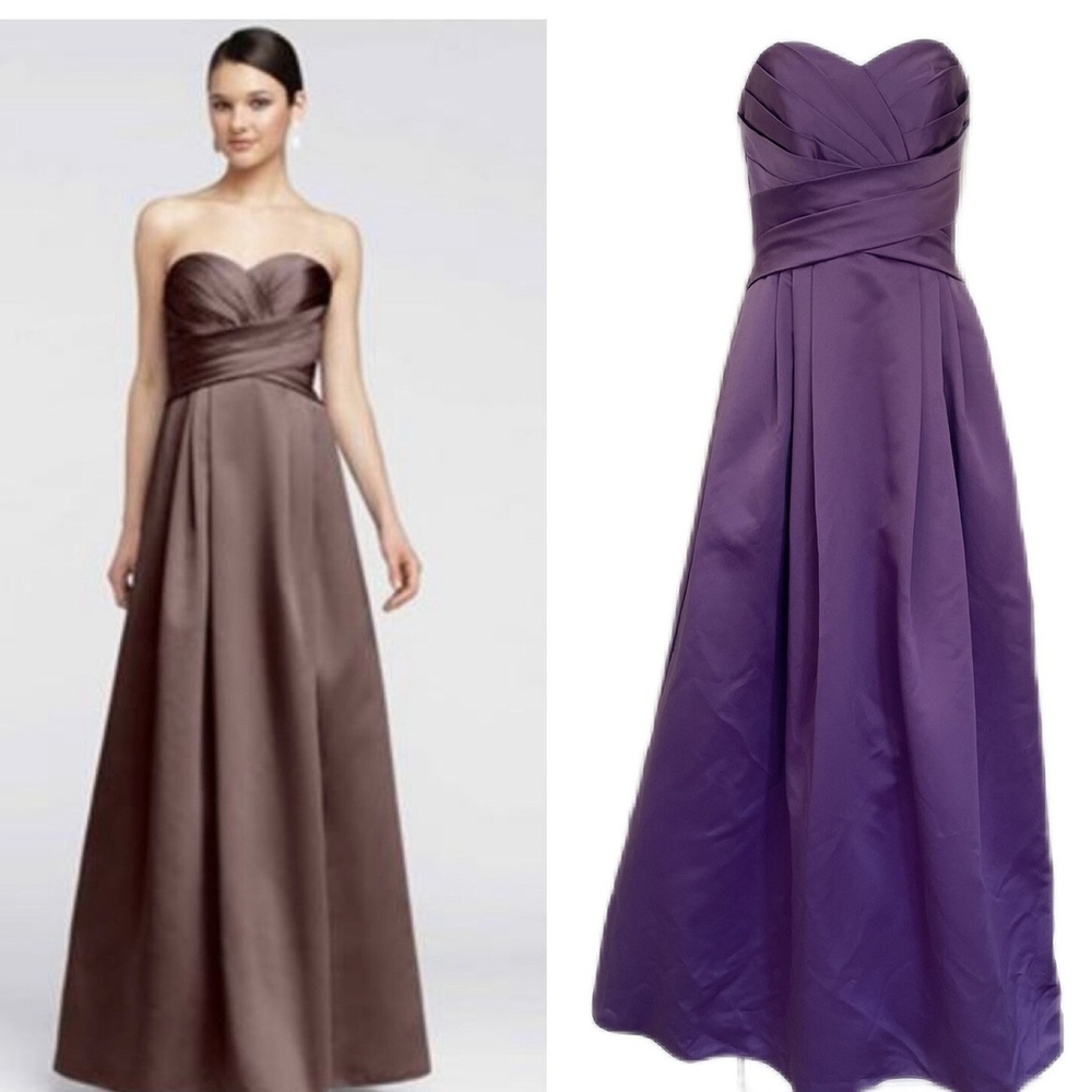 DAVID’S BRIDAL Strapless Satin Sweetheart Plum Bridesmaids Prom Dres